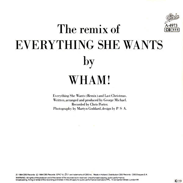 Wham! : Everything She Wants (Remix) / Last Christmas (7", Single)