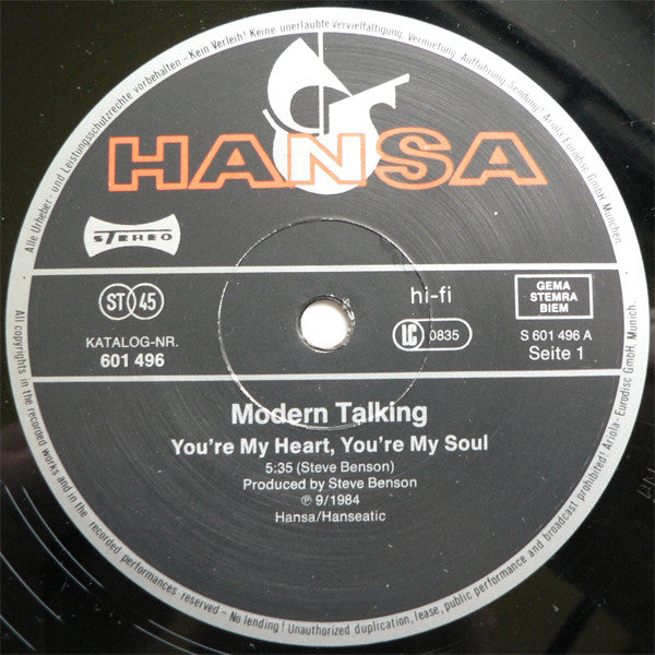 Modern Talking : You're My Heart, You're My Soul (12", Maxi)