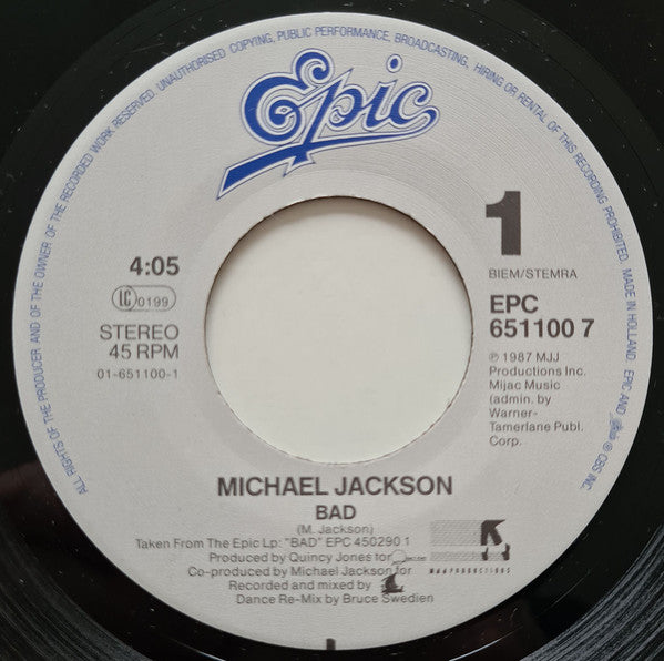 Michael Jackson : Bad (7", Single)