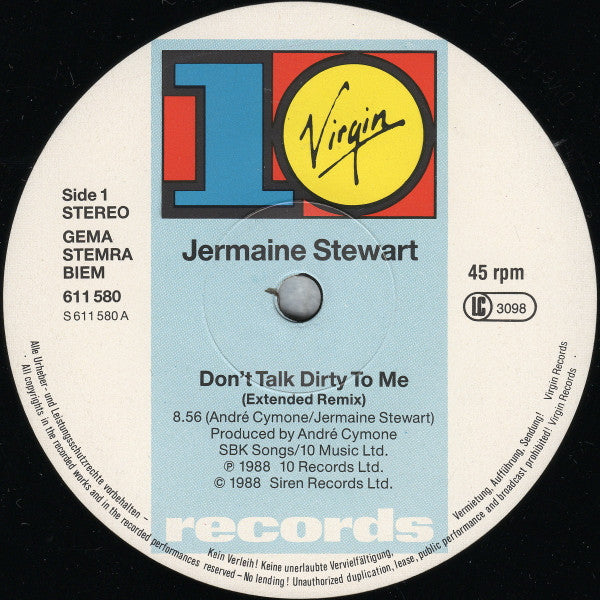 Jermaine Stewart : Don't Talk Dirty To Me (Extended Mix) (12", Single)