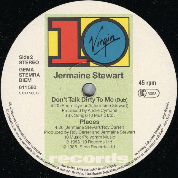 Jermaine Stewart : Don't Talk Dirty To Me (Extended Mix) (12", Single)