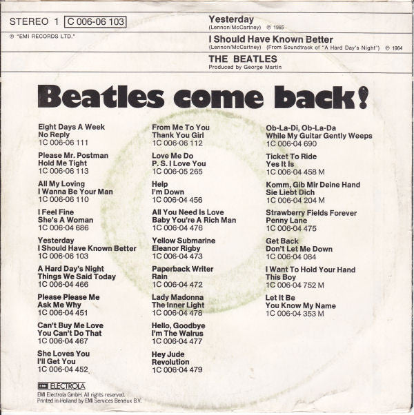 The Beatles : Yesterday / I Should Have Known Better (7", Single)