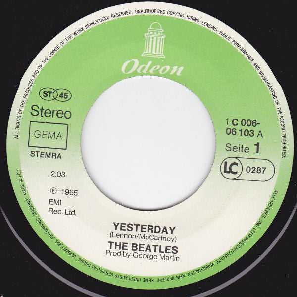 The Beatles : Yesterday / I Should Have Known Better (7", Single)