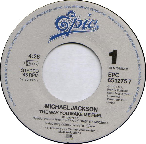 Michael Jackson : The Way You Make Me Feel (7", Single, Lar)