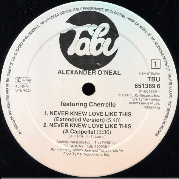 Alexander O'Neal Featuring Cherrelle : Never Knew Love Like This (12", Maxi)