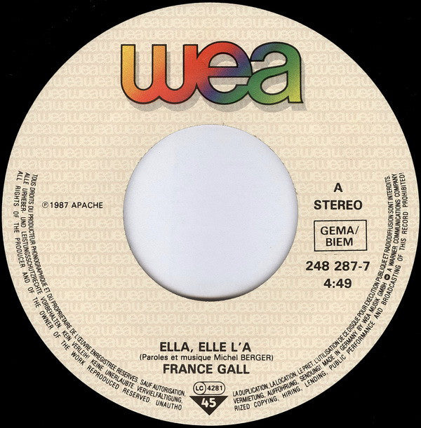 France Gall : Ella Elle L'a (7", Single)