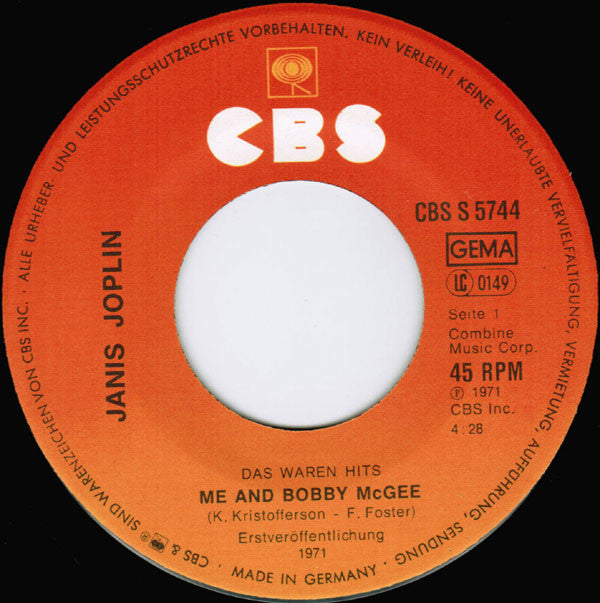 Janis Joplin : Me And Bobby McGee / Piece Of My Heart  (7", Single)