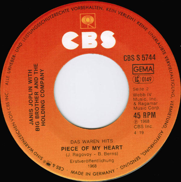 Janis Joplin : Me And Bobby McGee / Piece Of My Heart  (7", Single)