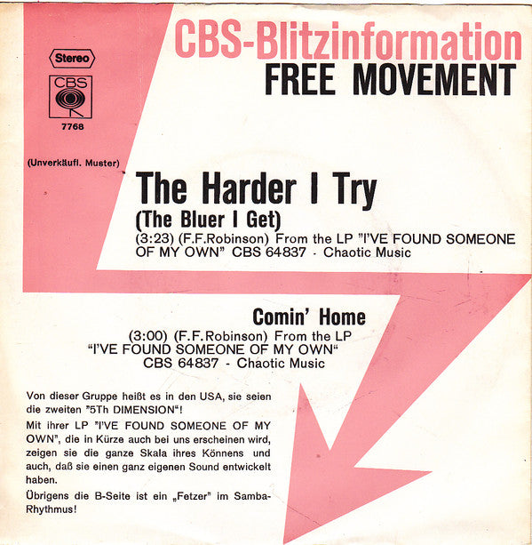 Free Movement : The Harder I Try (The Bluer I Get) / Comin' Home (7", Promo)