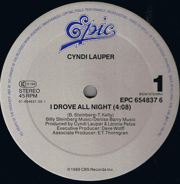 Cyndi Lauper : I Drove All Night (12", Maxi)