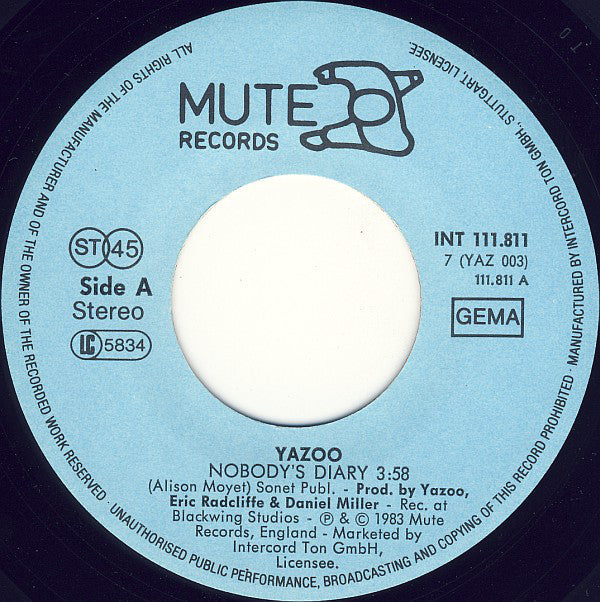 Yazoo : Nobody's Diary (7", Single)