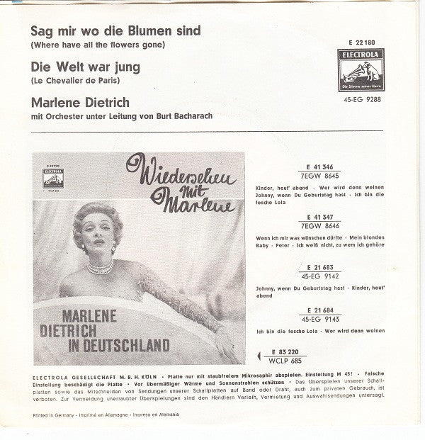 Marlene Dietrich : Sag Mir Wo Die Blumen Sind / Die Welt War Jung (7", Single, Mono)