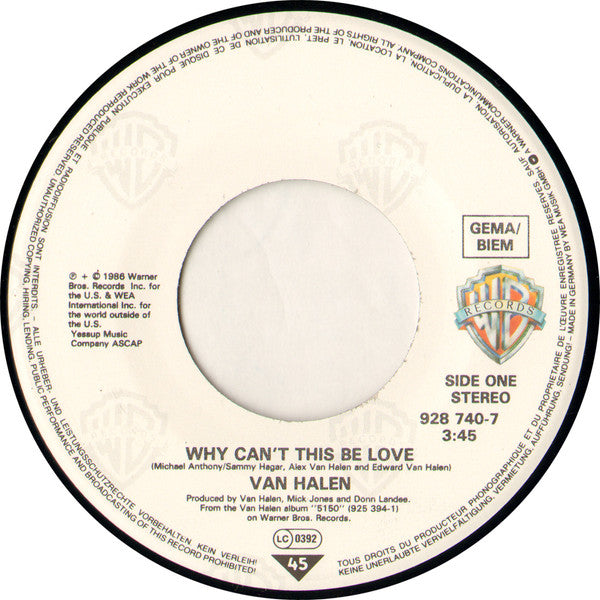 Van Halen : Why Can't This Be Love (7", Single)