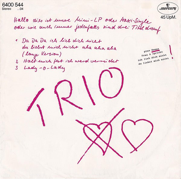 Trio : Da Da Da Ich Lieb Dich Nicht Du Liebst Mich Nicht Aha Aha Aha (12", Maxi)