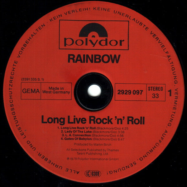 Rainbow : Long Live Rock 'N' Roll (LP, Album, RP)