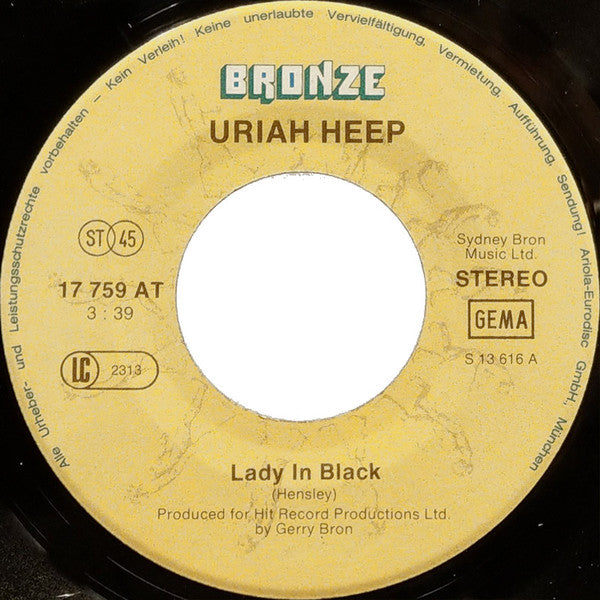 Uriah Heep : Lady In Black (7", Single, RE)