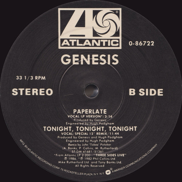 Genesis : Tonight, Tonight, Tonight (Remix Long Version) (12", Single)