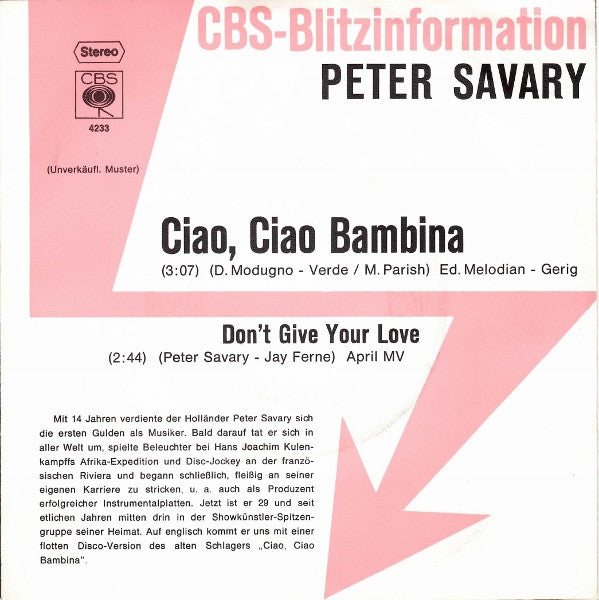 Peter Savary* : Ciao, Ciao Bambina (7", Single, Promo)