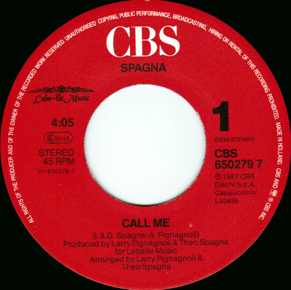 Spagna* : Call Me (7", Single)