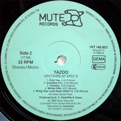 Yazoo : Upstairs At Eric's (LP, Album)