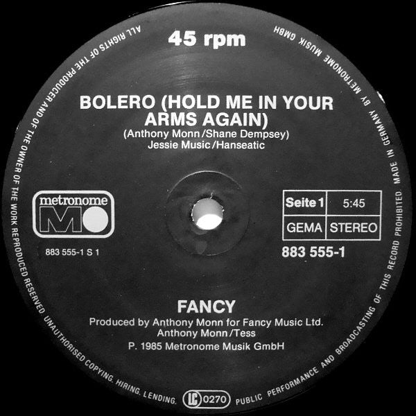 Fancy : Bolero (Hold Me In Your Arms Again) (12", Maxi)