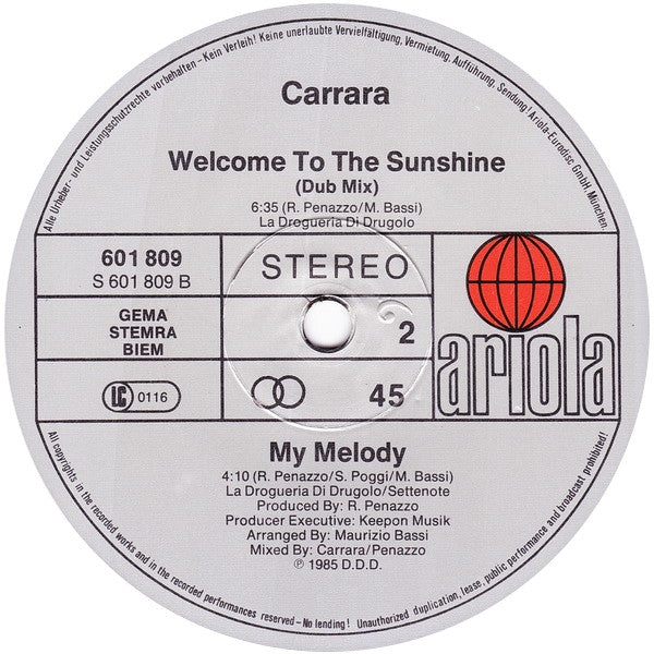 Carrara : Welcome To The Sunshine (12", Maxi)