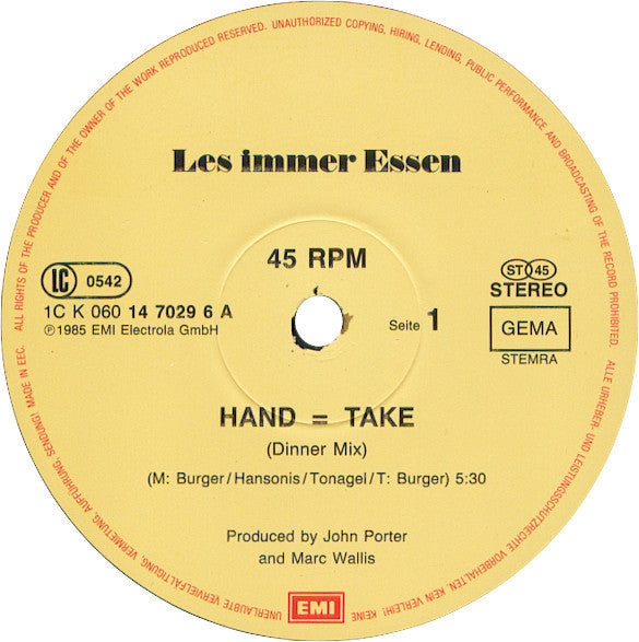 Les Immer Essen : Hand = Take (Extended Version-Mix) (12", Maxi)