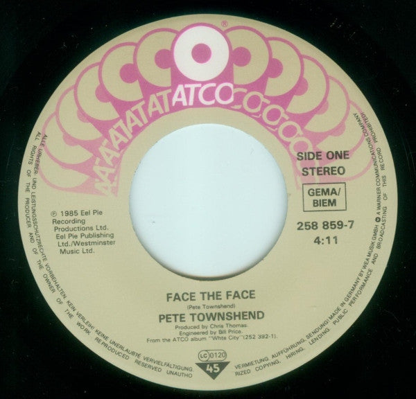 Pete Townshend : Face The Face (7", Single)