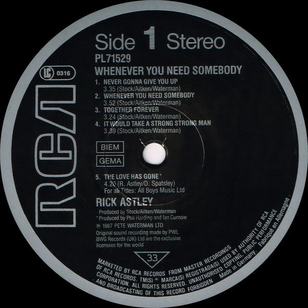 Rick Astley : Whenever You Need Somebody (LP, Album)