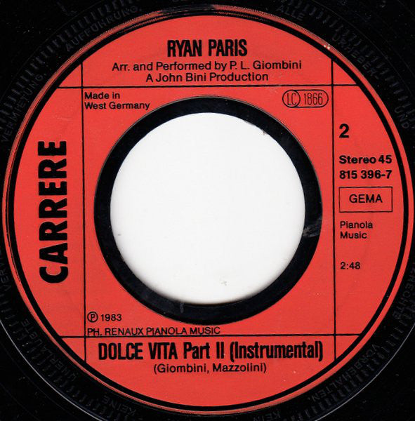 Ryan Paris : Dolce Vita (Original Version) (7", Single)