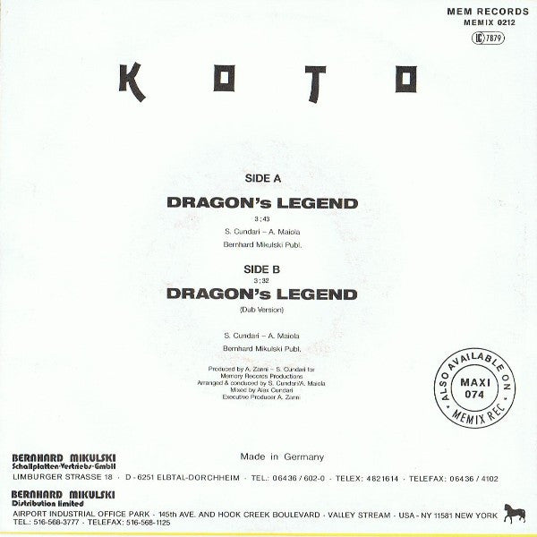 Koto : Dragon's Legend (7", Single)