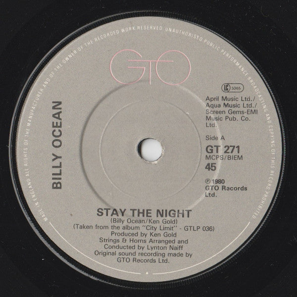 Billy Ocean : Stay The Night (7", Single)