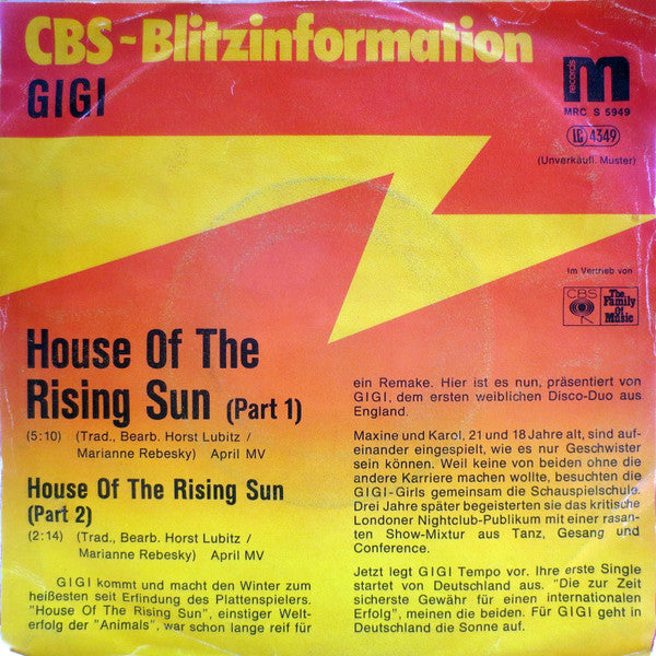 Gigi (3) : House Of The Rising Sun (Special Disco Version) (7", Single, Promo)