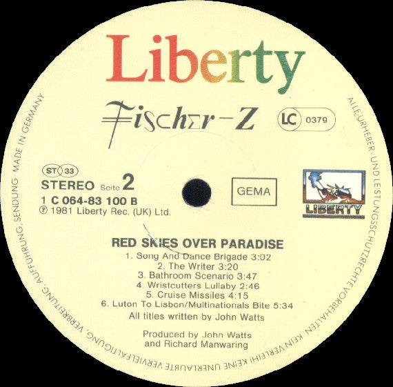 Fischer-Z : Red Skies Over Paradise (LP, Album)