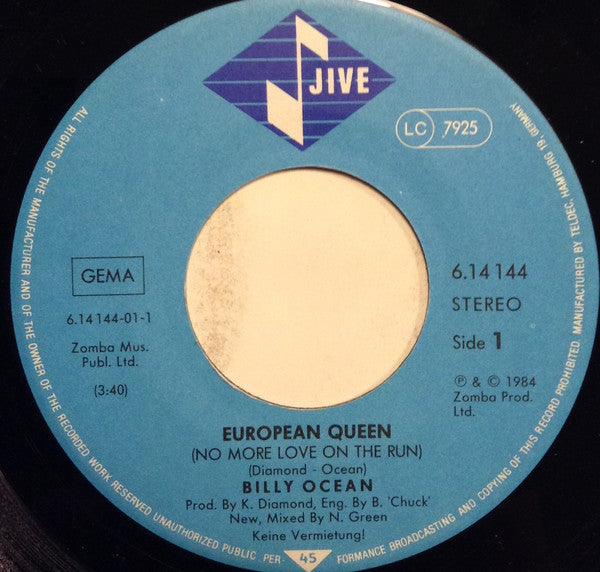 Billy Ocean : European Queen (No More Love On The Run) (7", Single)