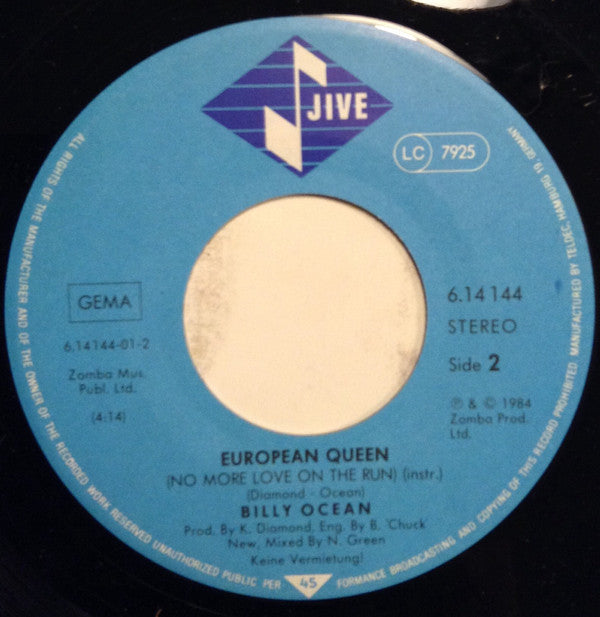 Billy Ocean : European Queen (No More Love On The Run) (7", Single)