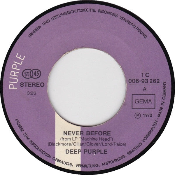 Deep Purple : Never Before (7", Single)