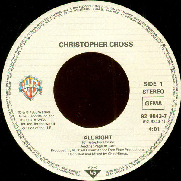 Christopher Cross : All Right (7", Single)