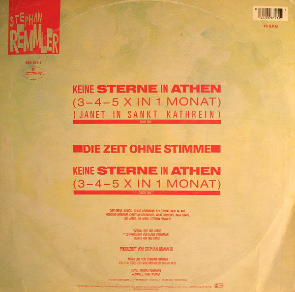 Stephan Remmler : Keine Sterne In Athen (3-4-5 X In 1 Monat) (Janet In Sankt Kathrein) (12", Maxi)