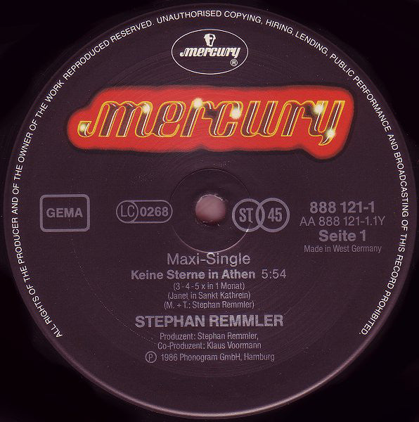 Stephan Remmler : Keine Sterne In Athen (3-4-5 X In 1 Monat) (Janet In Sankt Kathrein) (12", Maxi)