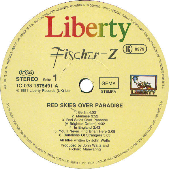 Fischer-Z : Red Skies Over Paradise (LP, Album, RE)