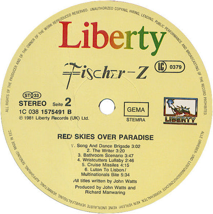 Fischer-Z : Red Skies Over Paradise (LP, Album, RE)