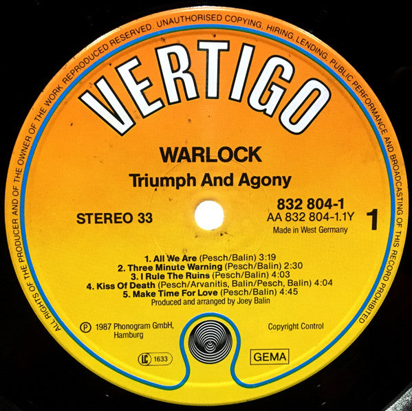 Warlock (2) : Triumph And Agony (LP, Album)