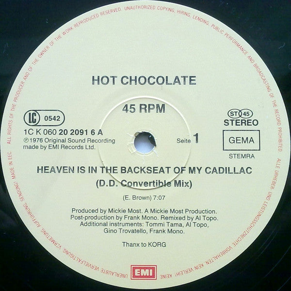 Hot Chocolate : Heaven Is In The Backseat Of My Cadillac (12", Maxi)