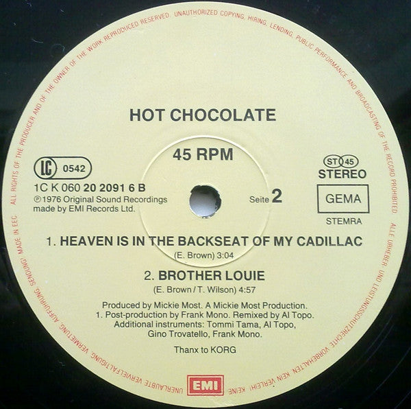 Hot Chocolate : Heaven Is In The Backseat Of My Cadillac (12", Maxi)