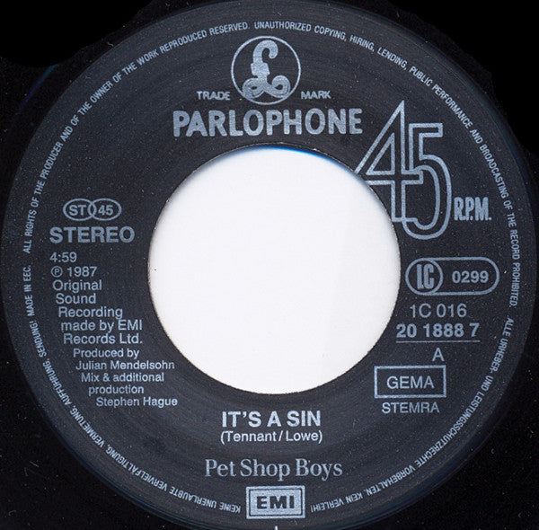 Pet Shop Boys : It's A Sin (7", Single)