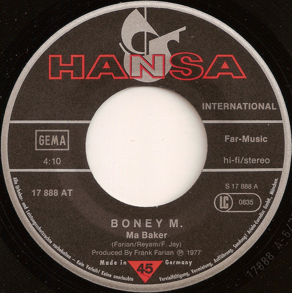 Boney M. : Ma Baker / Still I'm Sad (7", Single)