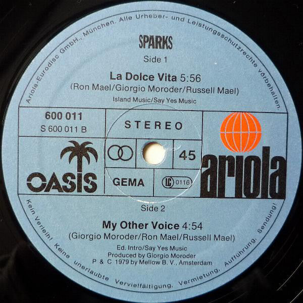 Sparks : La Dolce Vita / My Other Voice (12")