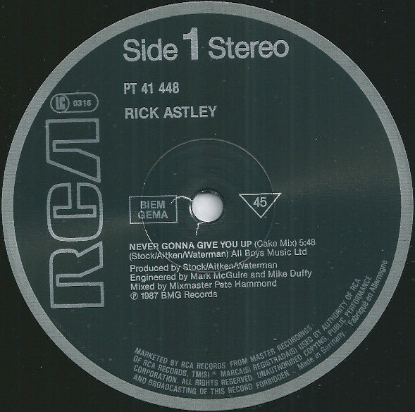 Rick Astley : Never Gonna Give You Up (12", Maxi)