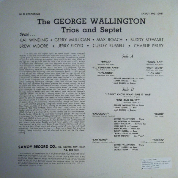 The George Wellington Trio* : The George Wallington Trios & Septet (LP, Album, Mono, RE)